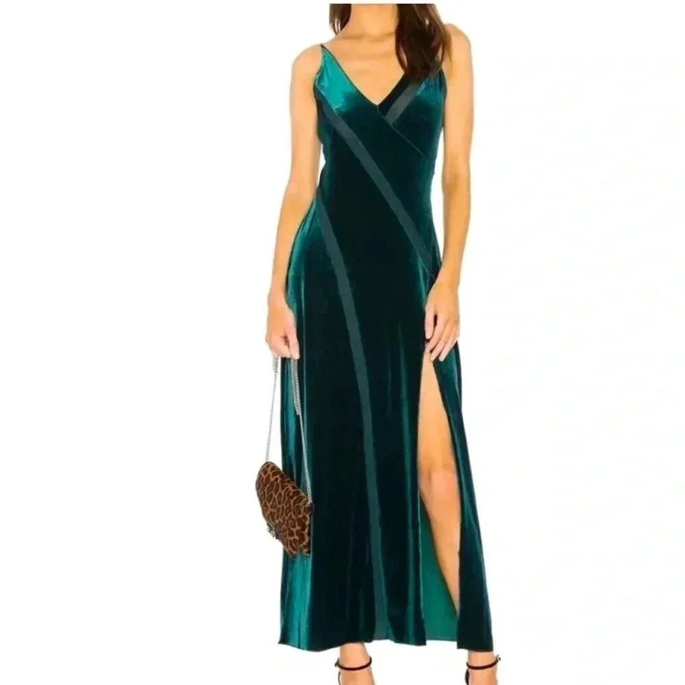 Free People Spliced Velvet Slip Dress Dark Green Size L Boho